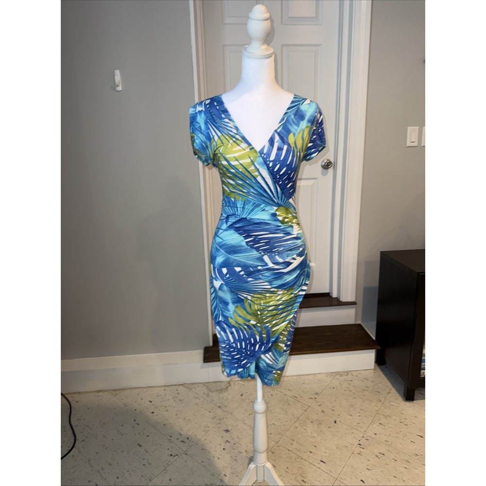 Cache Dress Womens Small V Neck‎ Wrap Stretch Blue Faux Wrap Vintage Tropical